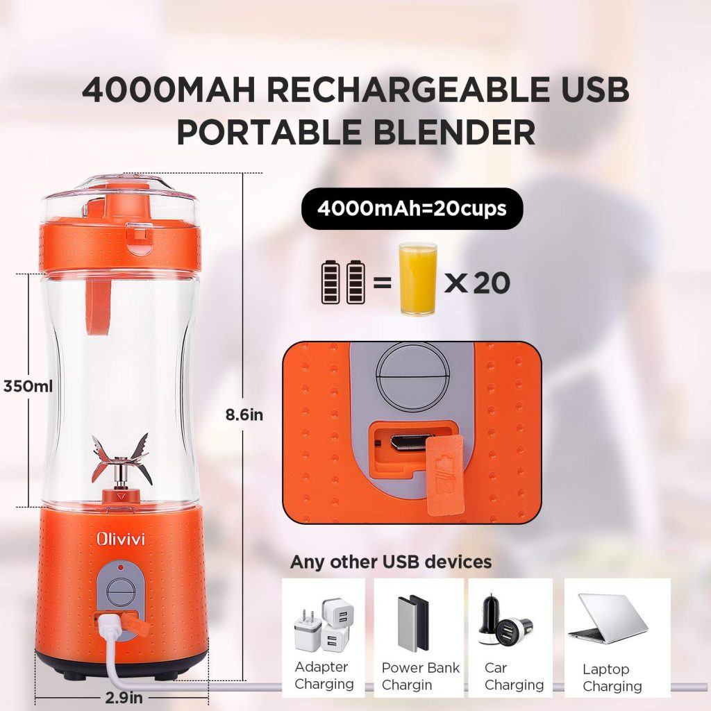 Portable Blender, Olivivi 2020 Mini Cordless Personal Blender for Shakes  and Smoothies, Usb Rechargeable Small Protein Travel Blenders with Six  Blades in 3D, 4000mah Batteries and 12.86oz Fruit Mixing Juicer Cup at