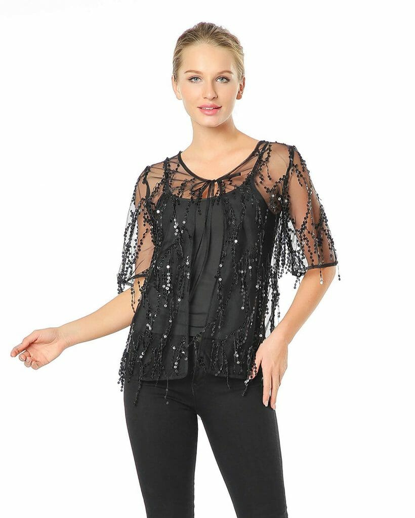 Metme Sequins Cardigan Cloak See-Through Open Front Shawls Sparkly Club ...
