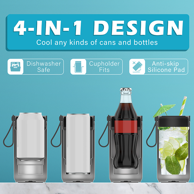 Drinxz 4 in 1 Slim Can Cooler with Handle 12oz  Stainless Steel Can Holder  and Beer Bottle Holder Vacuum Insulated – Product Testing Group